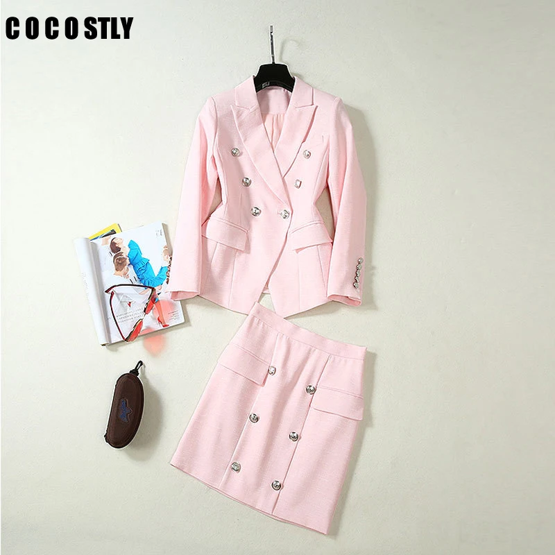 Розовые костюмы с юбкой офисные женские осенние комплекты 2019 года двубортный