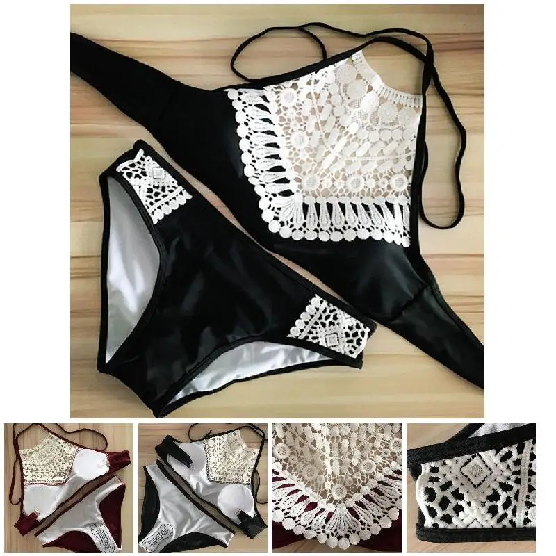 2020 Новый Модный женский Кружевной укороченный купальник с высокой горловиной