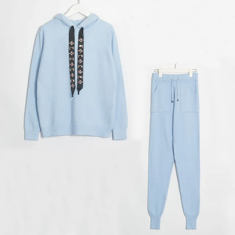 Light Blue Wixra, женский свитер, костюмы и комплект, Повседневный свитер с капюшоном, вязанные длинные штаны, 2 шт., комплекты одежды, спортивные костюмы, брюки+ джемперы - Цвет: Light Blue