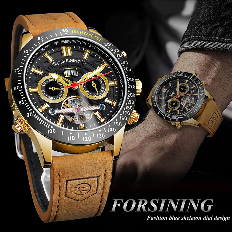 

Forsining Waterproof Fashion Watches Men Automatic Mechanical Tourbillon Multifunctional Corium Strap Man's Wristwatches