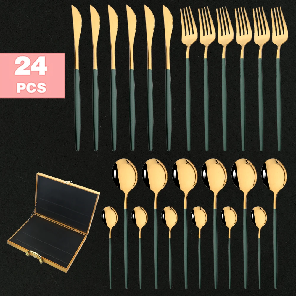 

24Pcs Green Gold Flatware Cutlery Set Knife Fork Spoon Dinnerware Set Food Grade Stainless Steel Luxury Tableware Set Gift Box