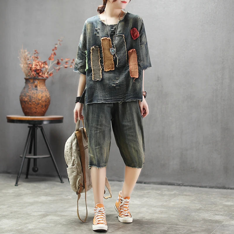 Комплект из 2 предметов для женщин в винтажном стиле В мозаичном Рваные пуловер