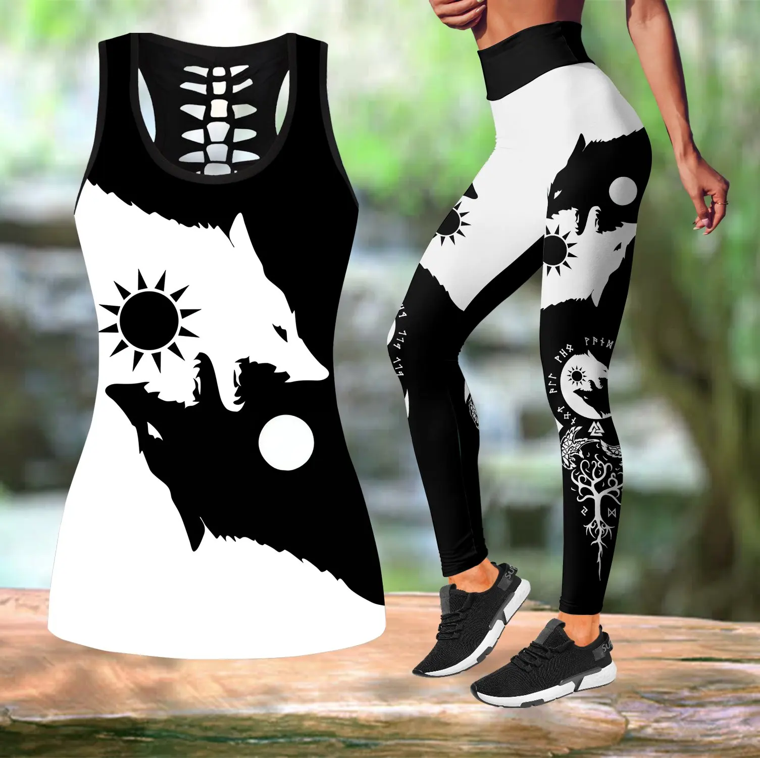 viking Skoll and Hati 3D Print Hollow Tank Top & Leggings Set Fitness Female Full Length Leggings Comfortable Yoga Pants LKB-12