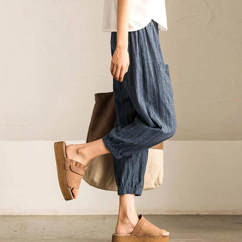 

2019 Women Casual Vintage High Elastic Waist Pockets Striped Baggy Harem Pants Turnip Trousers Work OL Wide Leg Pantalon