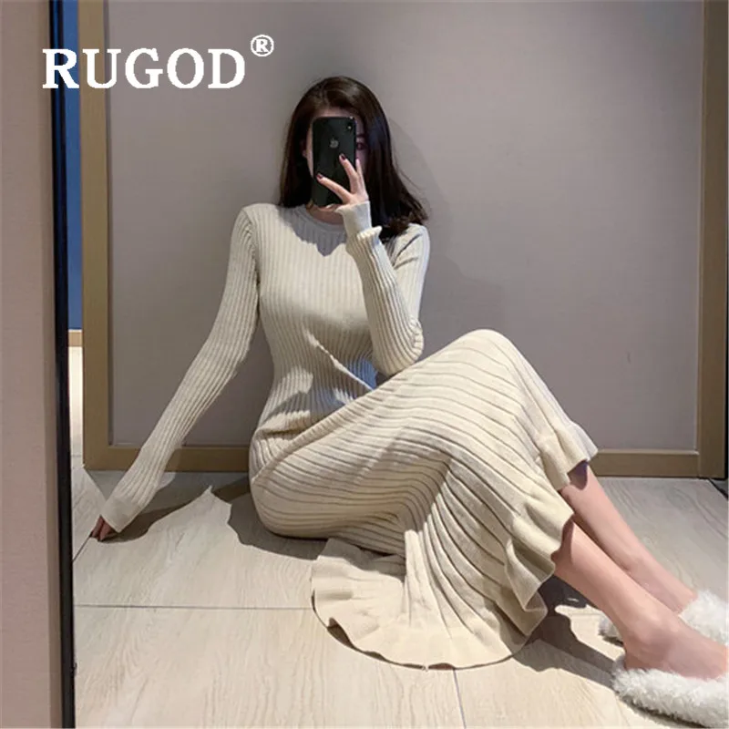 RUGOD 2019 Новое Осеннее однотонное теплое вязаное платье с круглым вырезом