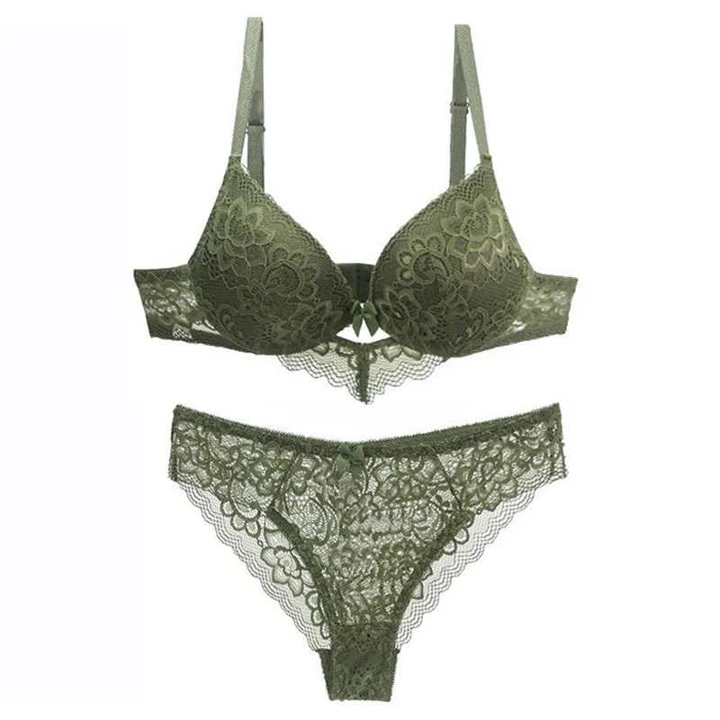 

2020 Gathered French Sexy Lace Trim Bra Set Solid Color Ruffled Large Size Underwear Set Push Up Lace Cotton