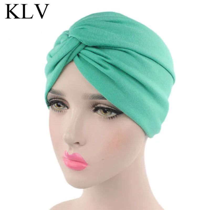 

Womens Solid Color Plain Twist Pleated Hair Turban Cap Head Wrap Chemo Beanie