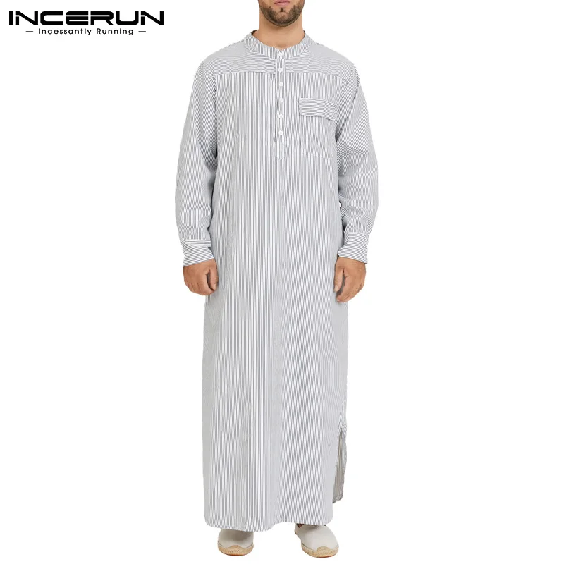 

INCERUN Для мужчин мусульманские кафтан полосатый Аравия Исламская Арабские накидки и таубы рубашки с длинным рукавом и стоячим воротником Аб...