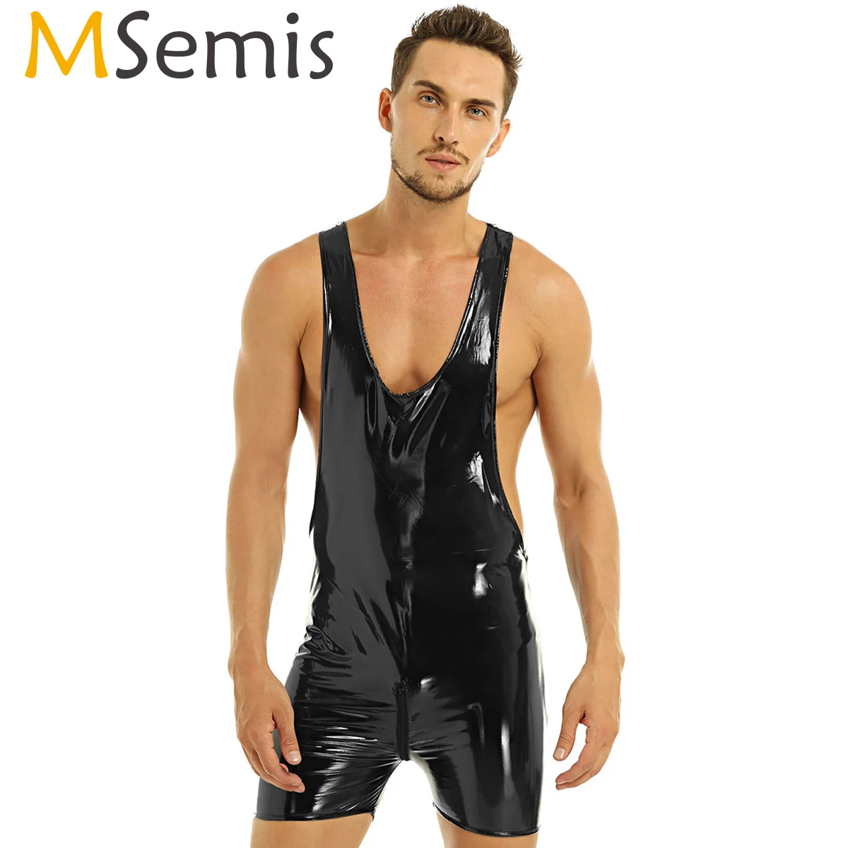 MSemis мужские стринги боди трико цельный Wetlook костюм без рукавов лакированная кожа