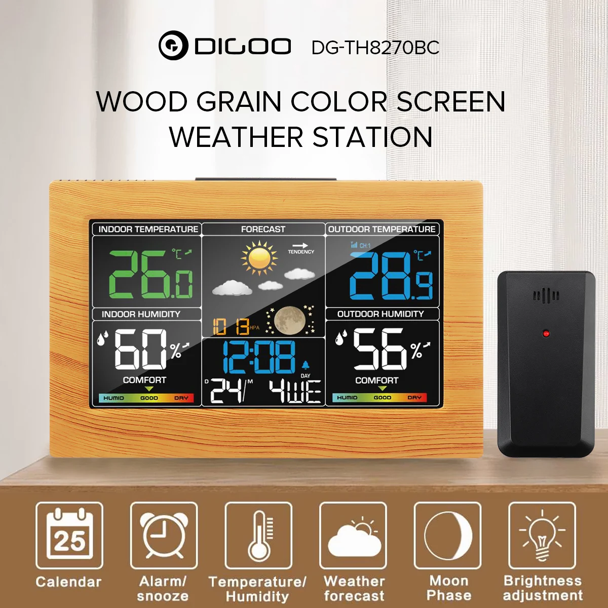 DIGOO DG-TH8270BC деревянная цветная беспроводная погодная станция наружный