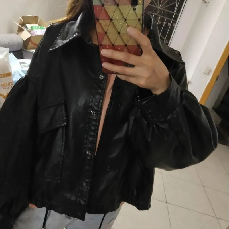 Искусственная кожа PU женские короткие куртки закрытые кнопки свободные топы