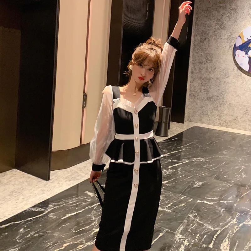 Женское Сетчатое платье с контрастной строчкой базовой юбкой 2020| |