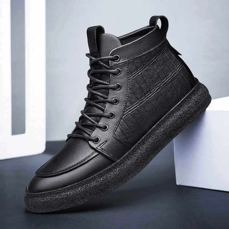

Men's Skateboard Shoes Fall Winter Plush Warmth Fashion Sneakers Black Classic Genuine Leather High -Top Shoes Trend Men Shoes