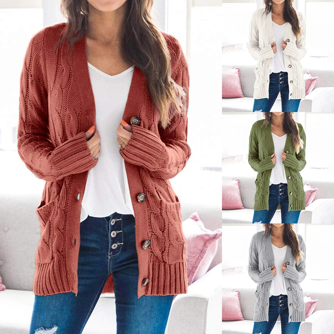 Женский вязаный кардиган с карманами повседневный Свободный длинным рукавом
