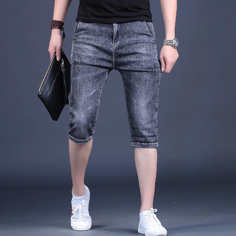 New Men's Jeans Summer Korean Style Lightweight Dark Gray Thin Slim Fit Stretch Denim Calf-Length Pants