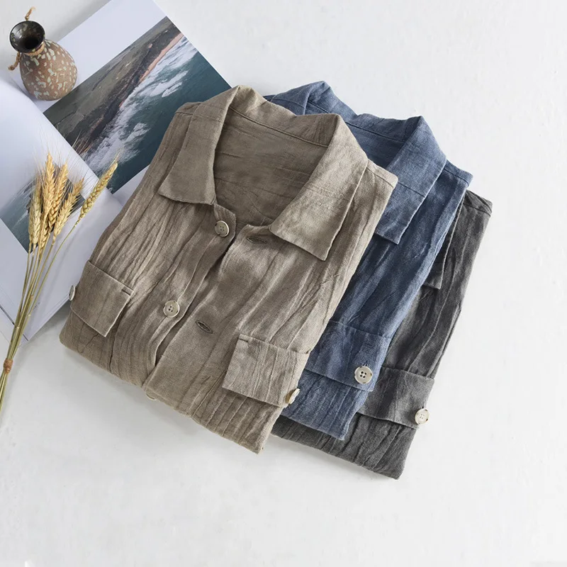 

New wrinkle effect linen short sleeve shirt men's summer trend slightly loose casual square collar thin top