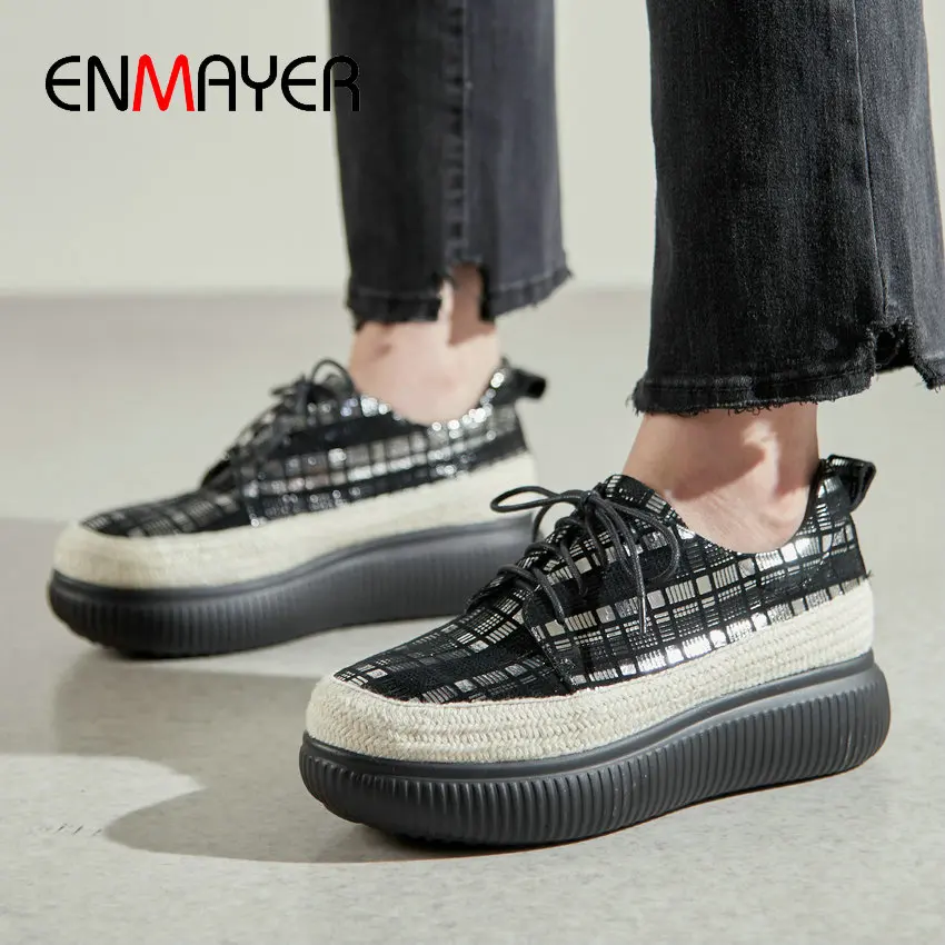 

ENMAYER 2020 Pumps Casual Lace-Up Round Toe Fashion Genuine Leather High Heels Basic Wedges Luxury Women Shoes Size 34-42