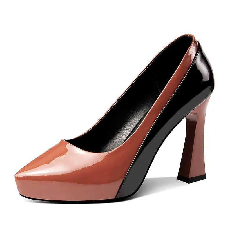 

2020 Split Leather Shoes Woman,High Heels Women Platforms Pumps,Thick Heel,Mixed-colors,Fashion Pointed toe,Brown