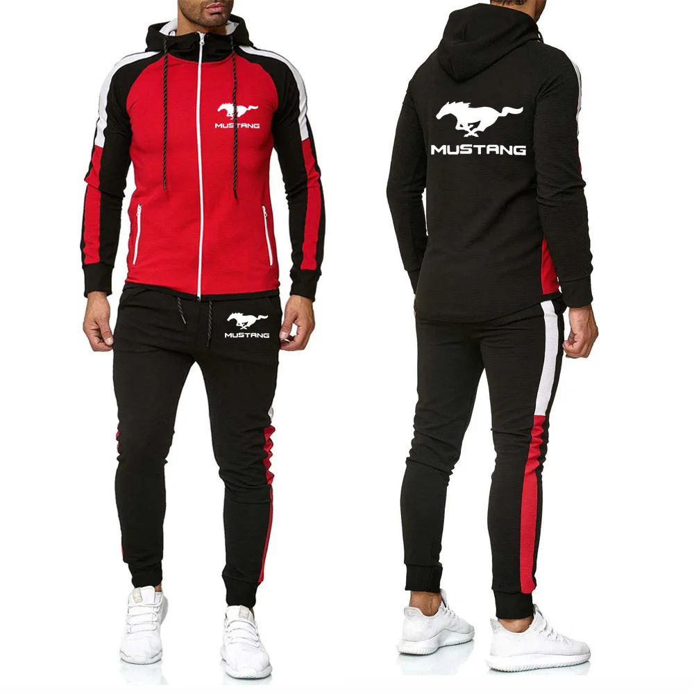 

Unisex Mens Hoodies splice Sets Mustang Car Logo Print Spring Autumn Men sweatshirt 2 Piece Set Jacket Hoodie Pant Sporting suit