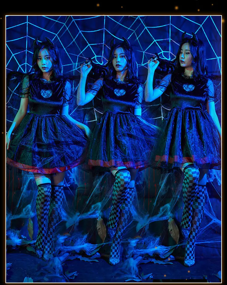 Упавший Темный Ангел косплей костюм дьявола Хэллоуин леди девушки нечестивый демон сексуальный необычный Мини Черный готический платье для женщин с крыльями