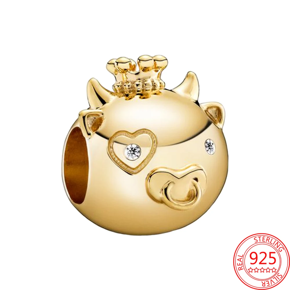 

New 100%925 Sterling Silver Fashion Jewelry Shiny golden Cattle Beads Charm Fit Original Pandora Bracelet Gift for Women Pendant