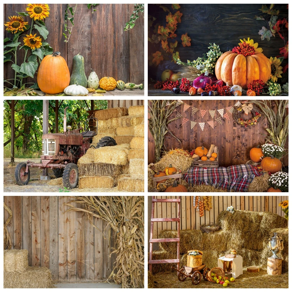 Autumn Farm Barn Hay Haystack Pumpkin Wood Floor Newborn Baby Portrait Scene Backdrop Photography Background For Photo Studio |