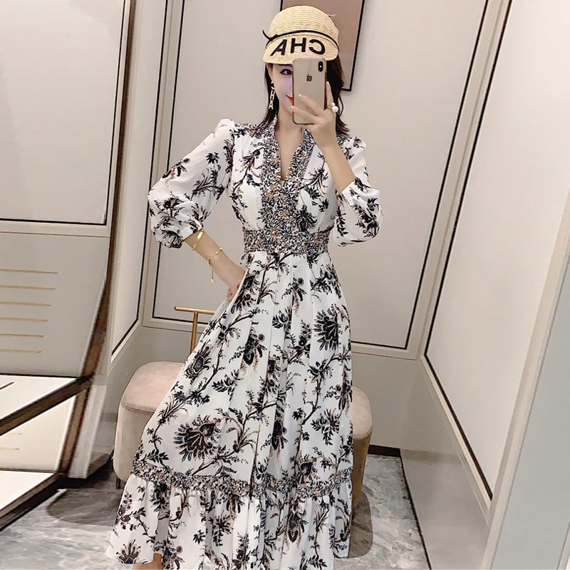 

ethnic New holiday collection totem print pleated V neck Bubble Sleeve Ruffle Dress