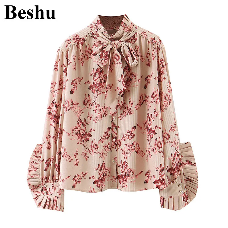 Za 2020 модная женская блузка с принтом шифон воротник стойка бант Однорядная