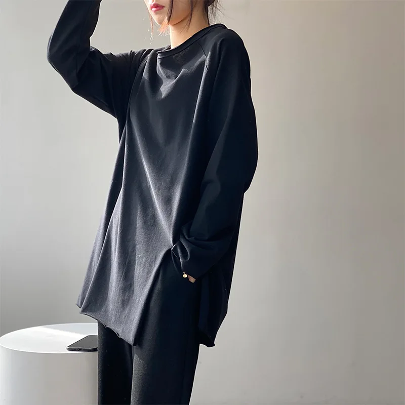 

Women T-shirt 2021 Spring New Loose Long-Sleeved White Black T-shirt Korean Version Solid Color Fashion Leisure Women Tees Top
