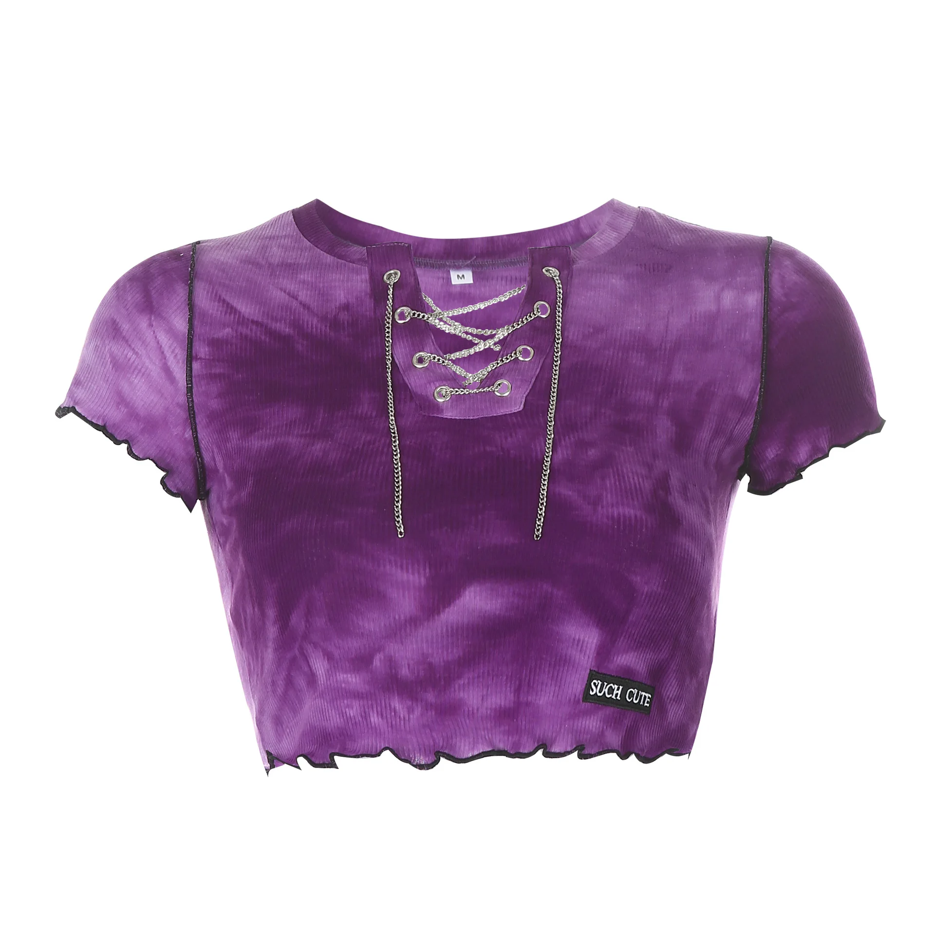 

Super hot European and American fashion women's tie-dye printing Slim lace hollow chain crop top T-shirt
