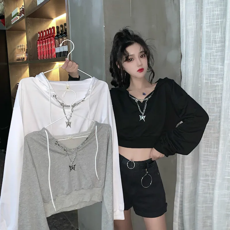 

2021 New Autumn Spring Pullovers Casual Women Female Loose Streetwear Sweatshirt Hooded Solid Color Short Jumpers Top Y176