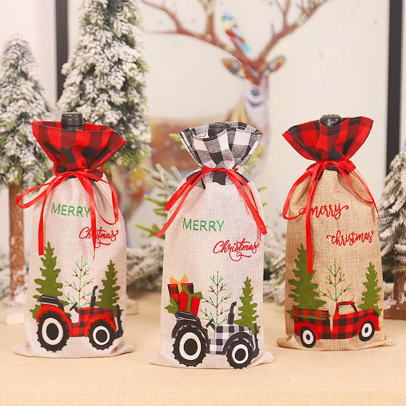 

Merry Christmas Wine Bottle Cover Car Applique Wines Bag Champagne Set decor NewYear Bottles Case 2022 For Home Decoration