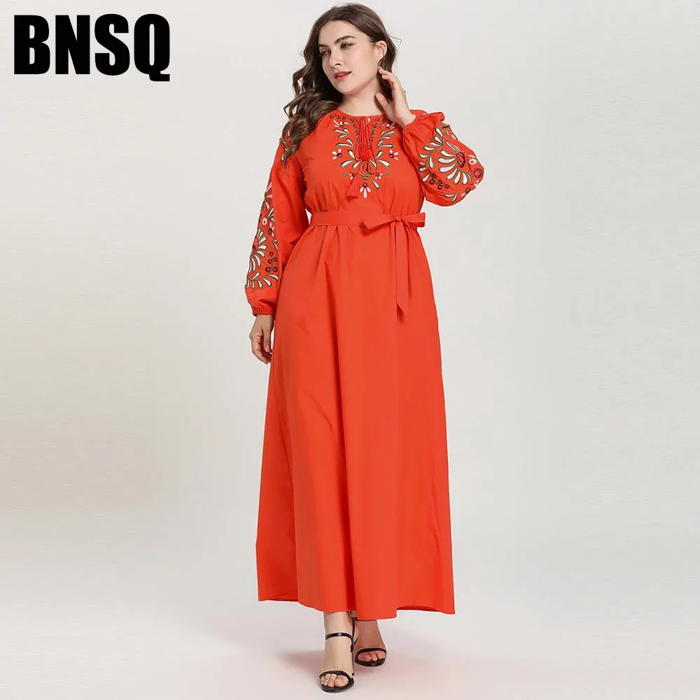 

BNSQ Plus Size Casual Round Neck Laced Cotton Spinning Tencel Leaves Embroidered Lantern Long Sleeve Maxi Dress Islamic turkey
