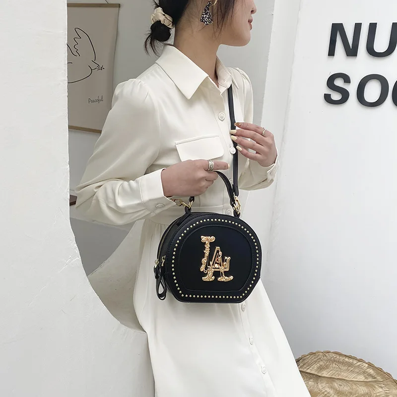 

Luxury Designer Mini Round Bags for Women 2021 Brand Letter Rivets Crossbody Bags Small Leather Shoulder Bags Purse Sac A Main