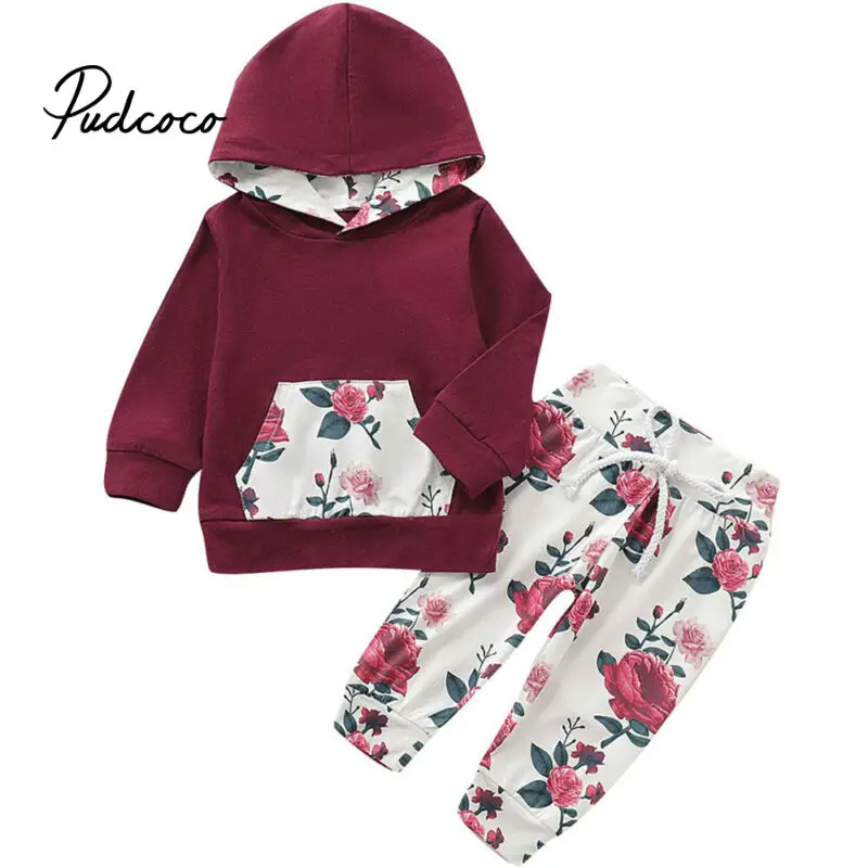 Pudcoco/ г. Осенняя детская одежда для малышей толстовки с капюшоном и цветочным принтом для маленьких девочек толстовка с капюшоном+ штаны на шнуровке комплект одежды из 2 предметов