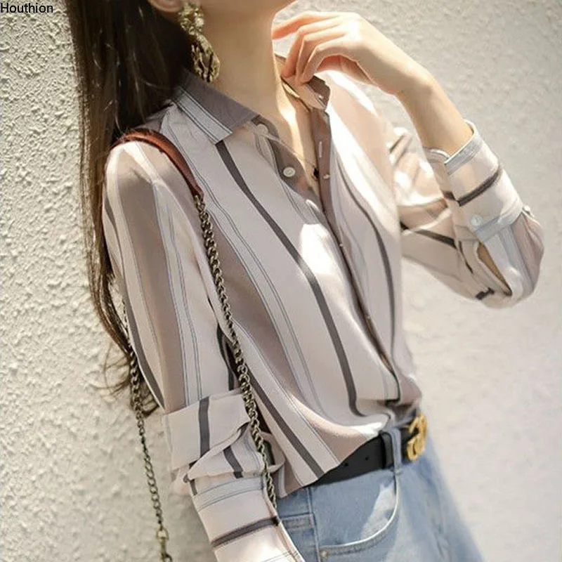 

Houthion Chiffon Stripes Women's Blouses Summer Fashion Casual New Korean Long Sleeve Top Retro Blouse Breasted Woman Shirt