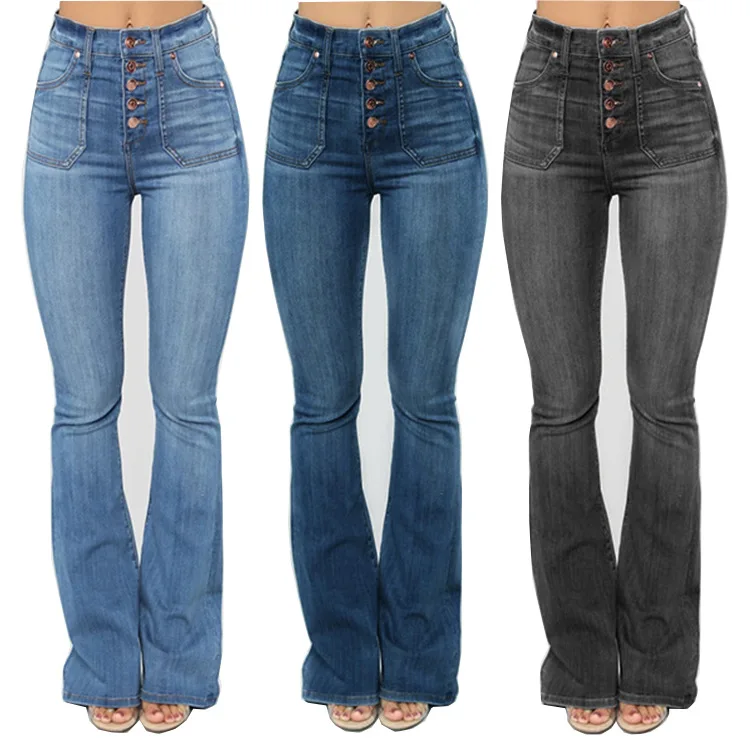 

2021 women's jeans patch pockets washed and buttoned thin denim trousers women