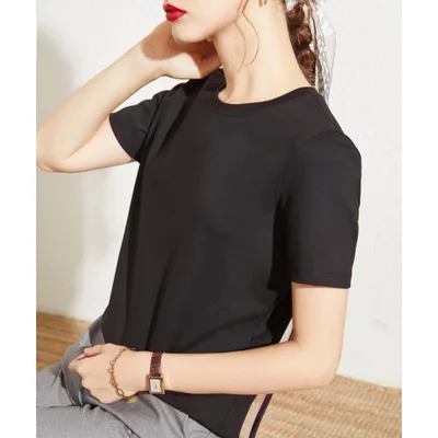 

2021 New fashion T-shirt Slim top solid color women's cotton round neck shirt