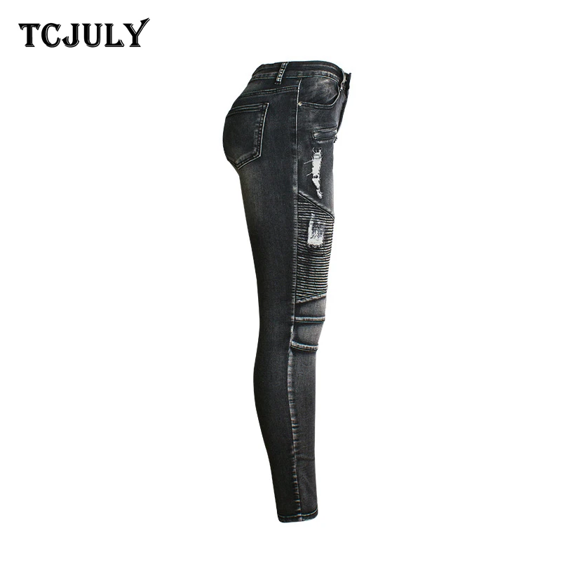 TCJULY 2020 Pleated Locomotive Skinny Jeans Woman Bleachd Washed Push Up Denim Pencil Pants Streetwear Slim Stretchy Black | Женская