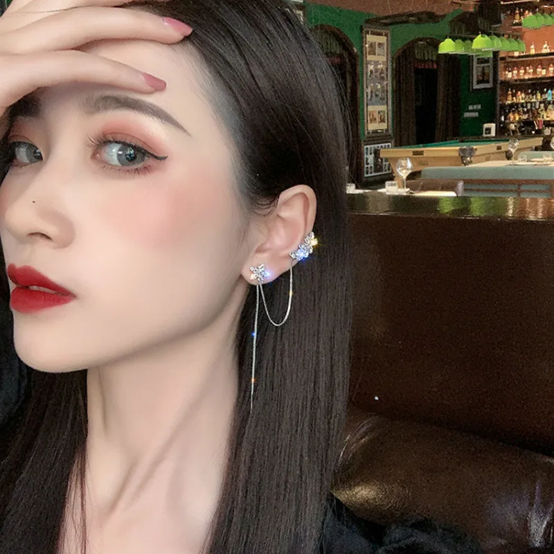 

2020 New Arrival Zeojrlly Crystal Trendy Water Flower Tassel Earbone Clip Ins Earrings Long pendant Female Elegant Jewelry