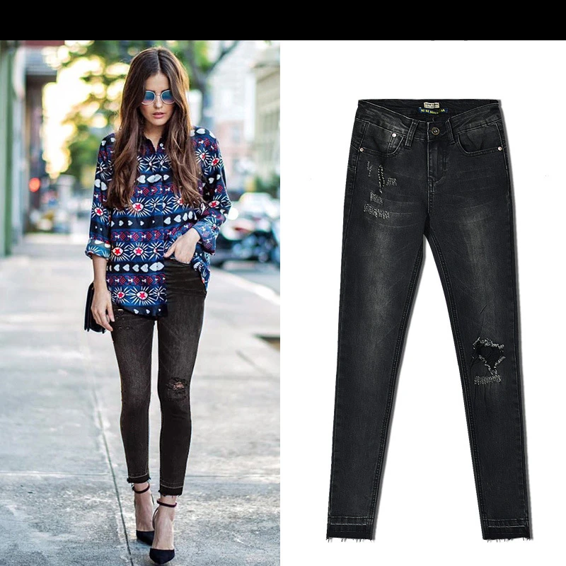 

2021 Spring Autumn fashion high waist slim stretch gray-black nine points jeans women casual tassel ripped jeans for women K198