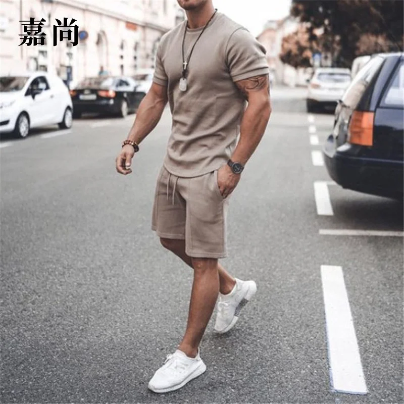 

Lugentolo summer Short-sleeved Two Piece Sports Casual Men's Suit Plus Size Round Neck Solid Color Drawstring Shorts