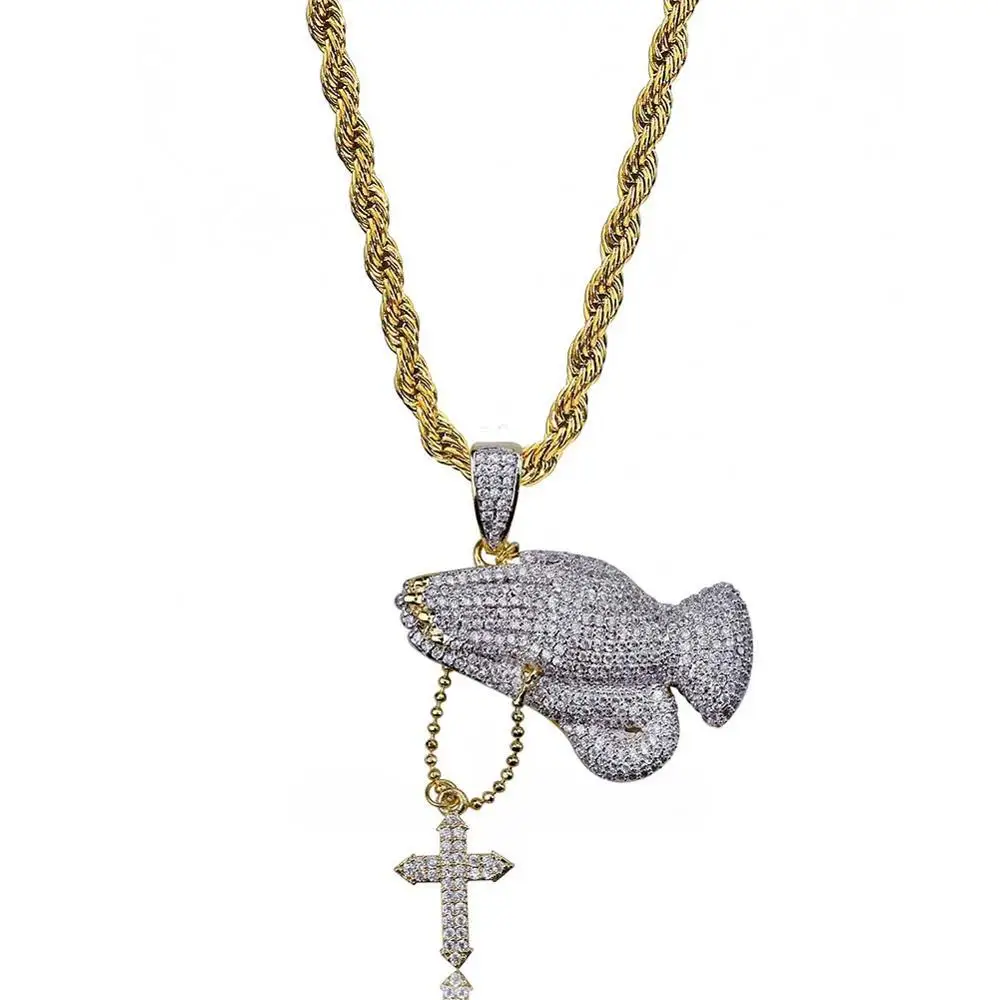 Зубец Установка AAA + CZ камень Iced Out Bling Золотой Крест молитвенная рука Подвески
