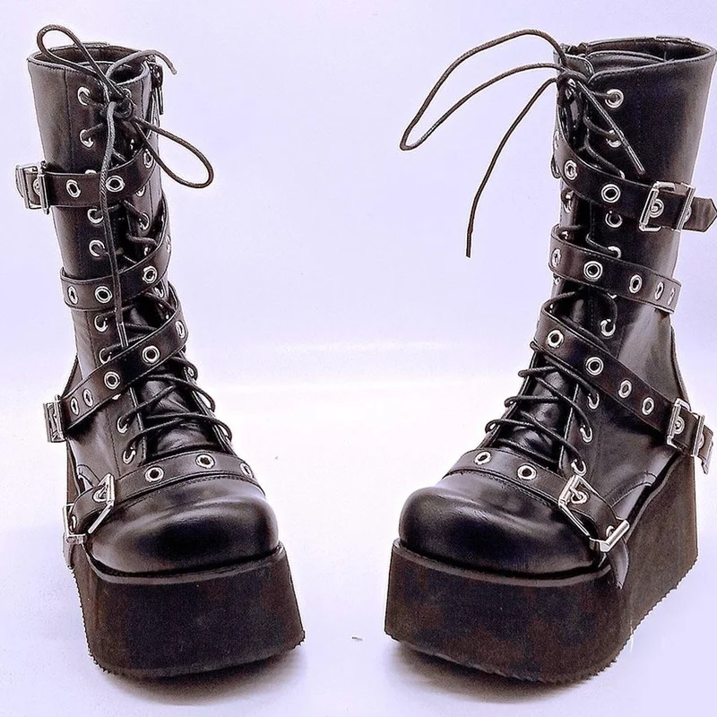 

2021 New Gothic Fashion Brand New Chunky Platform Heels Halloween Gift Witch Vampire Cosplay Black Shoes Boots Women Hot Deal