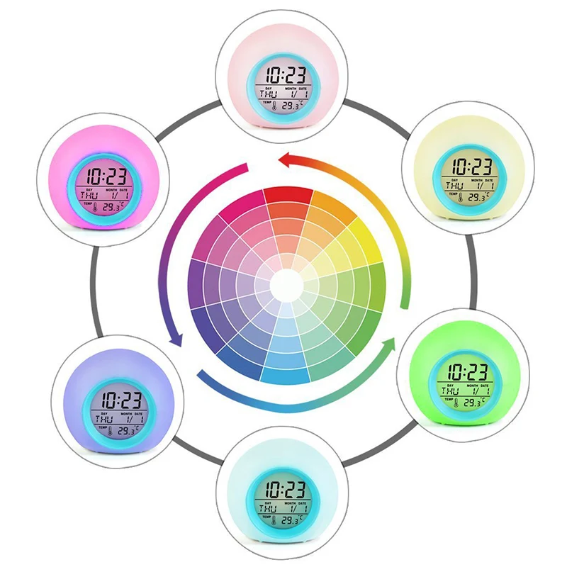 

Kids Alarm Clock Digital Electronic LED clock alarm clock circle Digital color thermometer date with various light