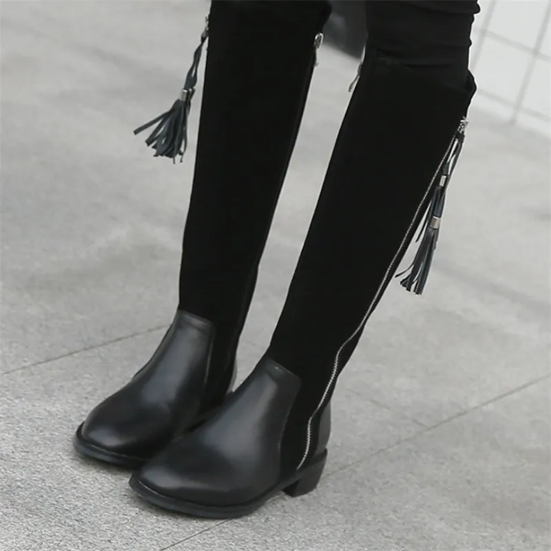 Замшевые Сапоги до колена с бахромой женская зимняя обувь на низком каблуке