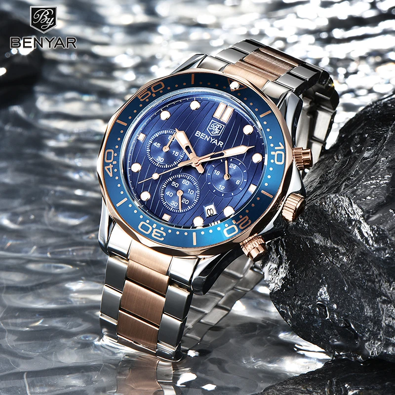 BENYAR Stainless Steel Quartz Men's Watches Top Brand Fashion Wrist Watch Men Waterproof Sports Chronograph Relogio Masculino