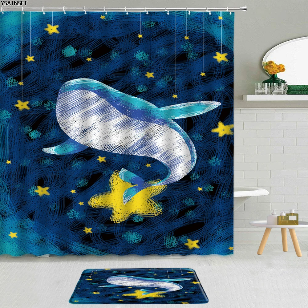 

2Pcs 3D Cartoon Ocean Animal Dolphin Shower Curtain Hand Drawn Fish Sea Turtle Bathroom Non-Slip Bath Mat Curtains Set Washable