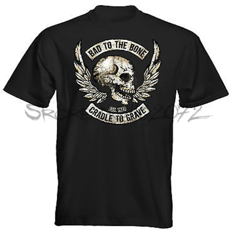 Velocitee Мужская футболка Bad To The Bone Мотоцикл Байкер поплавок Чоппер череп летняя
