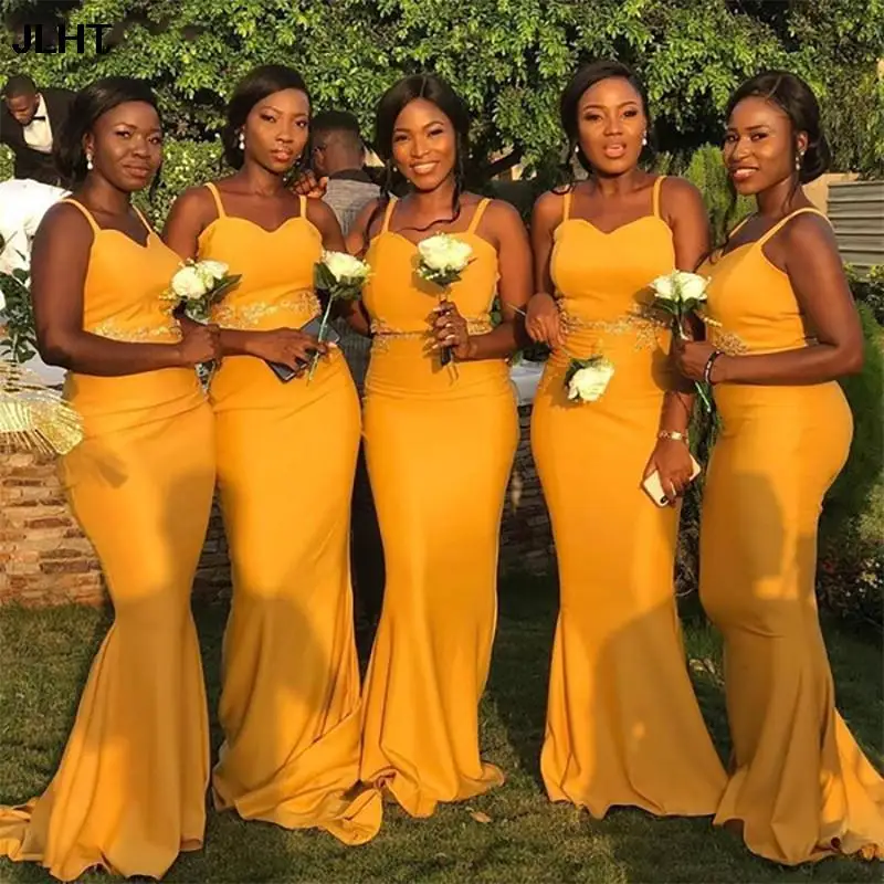 Sexy African Mermaid Yellow Bridesmaid Dresses Gold Appliques Maid of Honor  Long Spaghetti Straps Satin Prom Dresses Party Gown